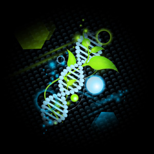 Organic Science theme with DNA and green leaves over abstract dark background
